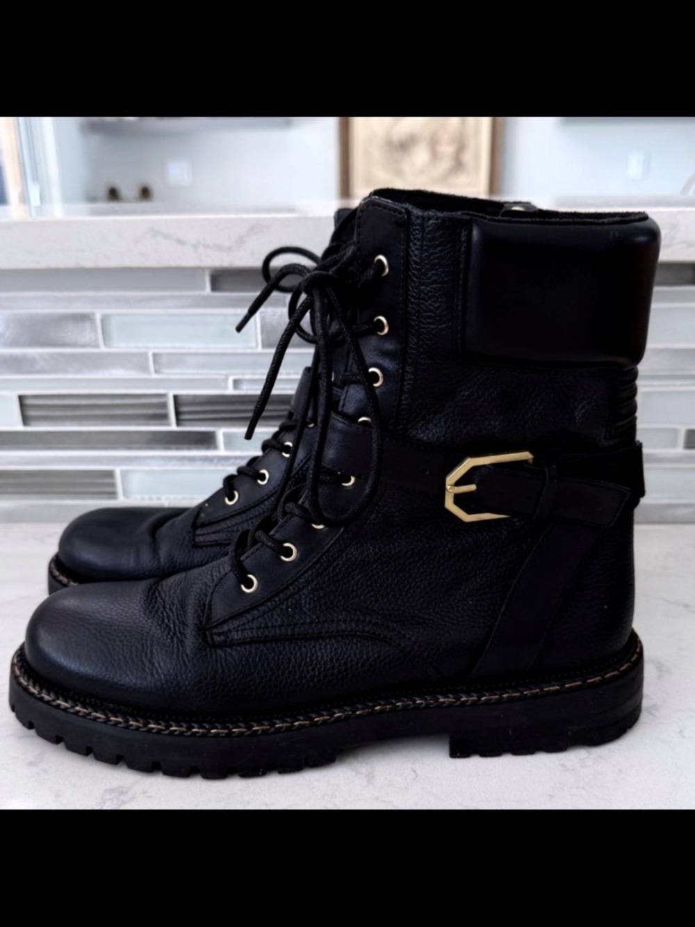 Vince Camuto Black Leather Lug Sole Combat Moto Ankle Boots Gold Buckle 8.5